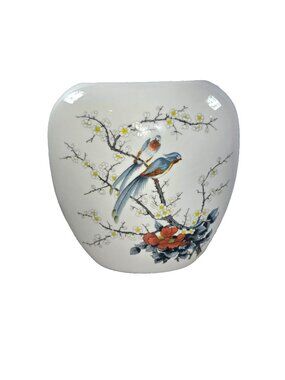 Vintage Oval Vase Ceramic Chinoiserie Birds Floral Branches Cottagecore Asian